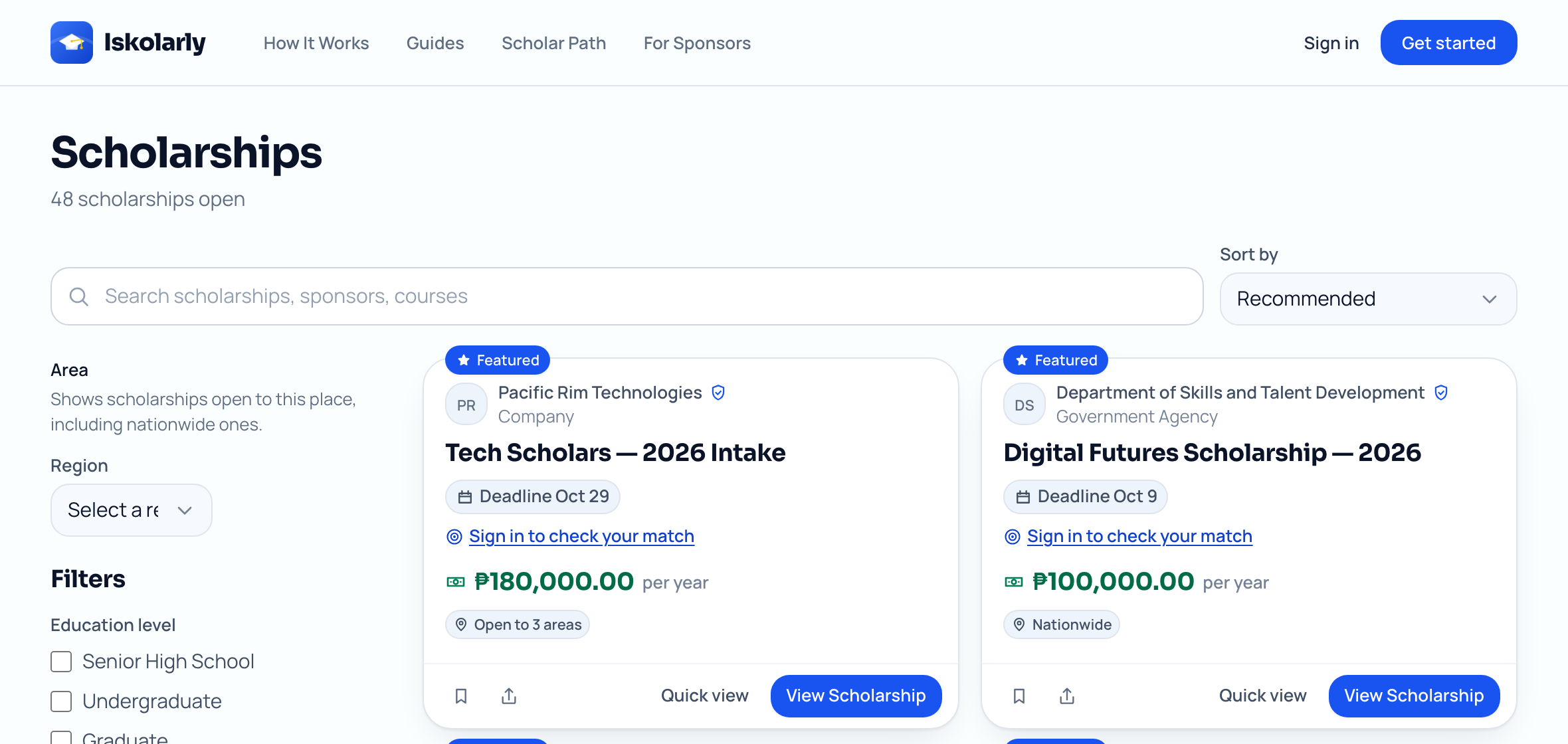 The public scholarship list, showing awards from several different sponsors side by side.
