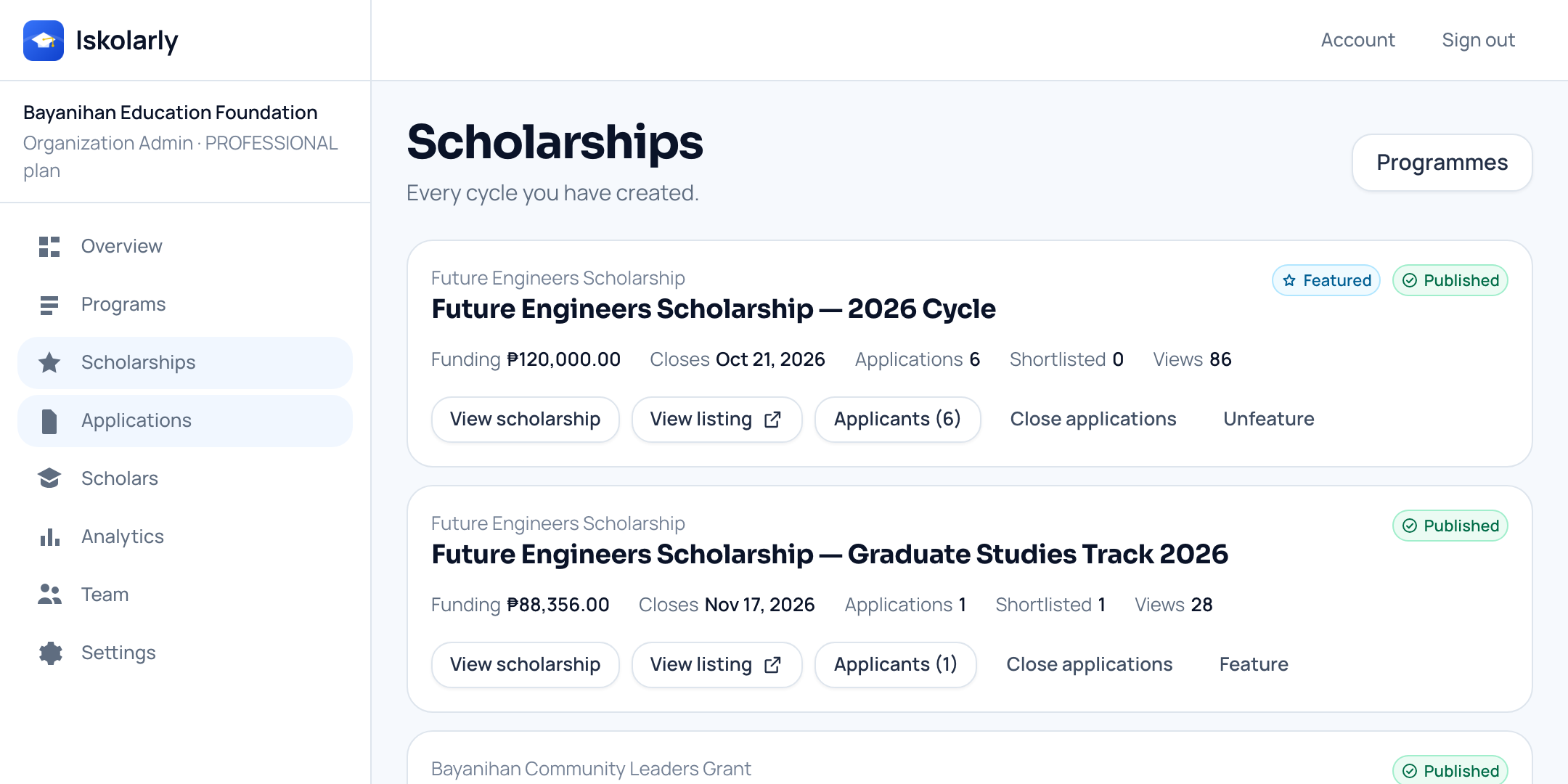 An organization's scholarships, each showing its funding, closing date, how many applied and how many were shortlisted.
